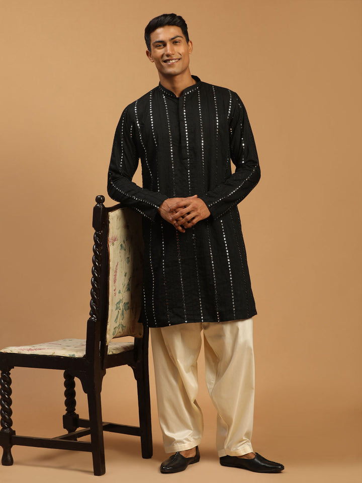 Sarvati Men's Black Mirror Kurta With Patiala Set