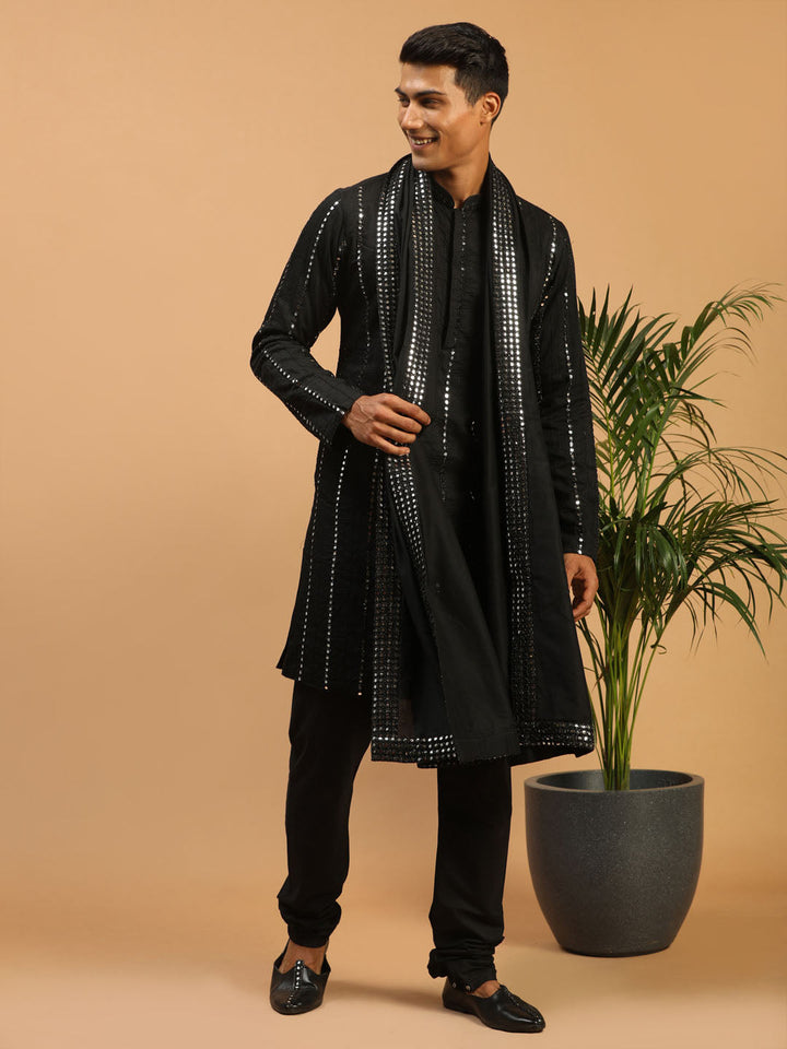 Sarvati Men's Black Mirror Kurta Pyjama And Dupatta Set