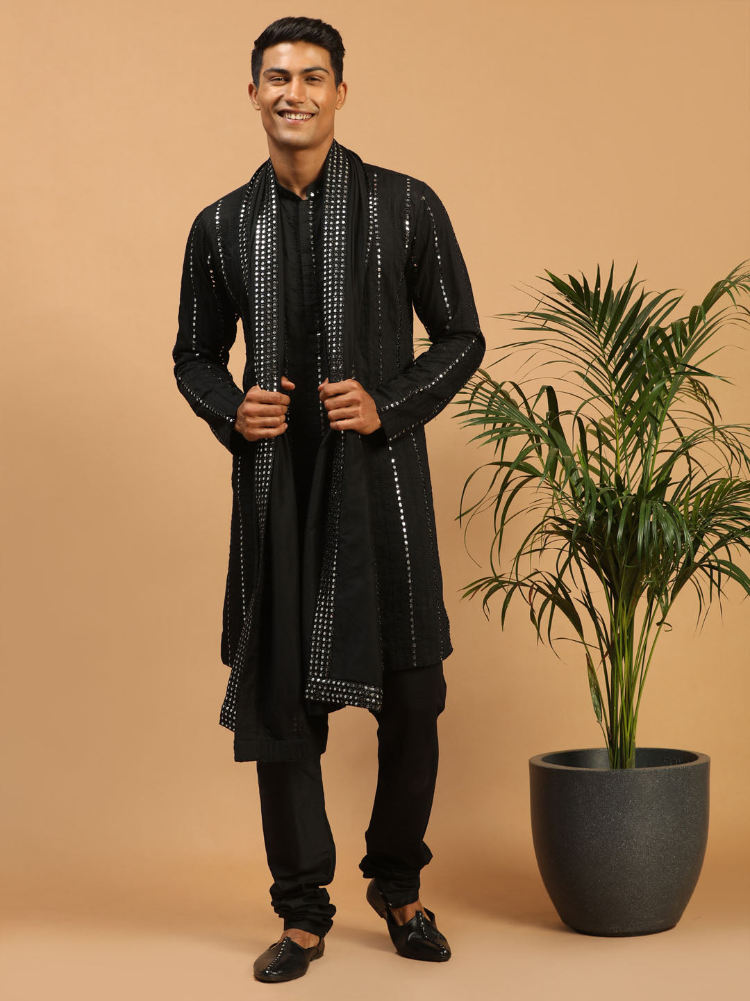 Sarvati Men's Black Mirror Kurta Pyjama And Dupatta Set