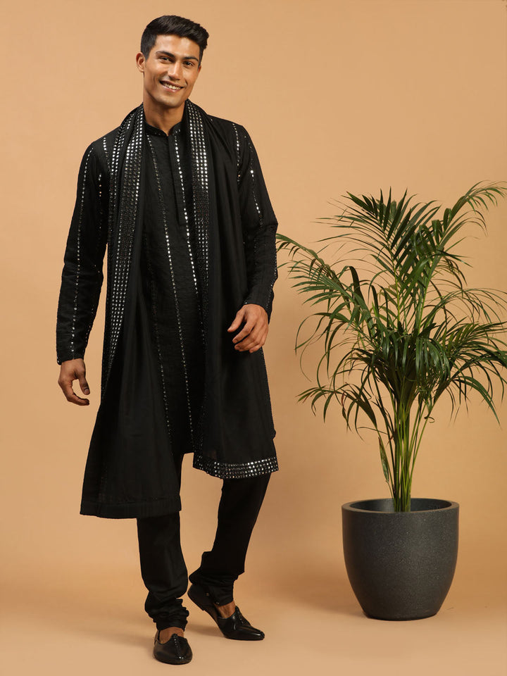 Sarvati Men's Black Mirror Kurta Pyjama And Dupatta Set