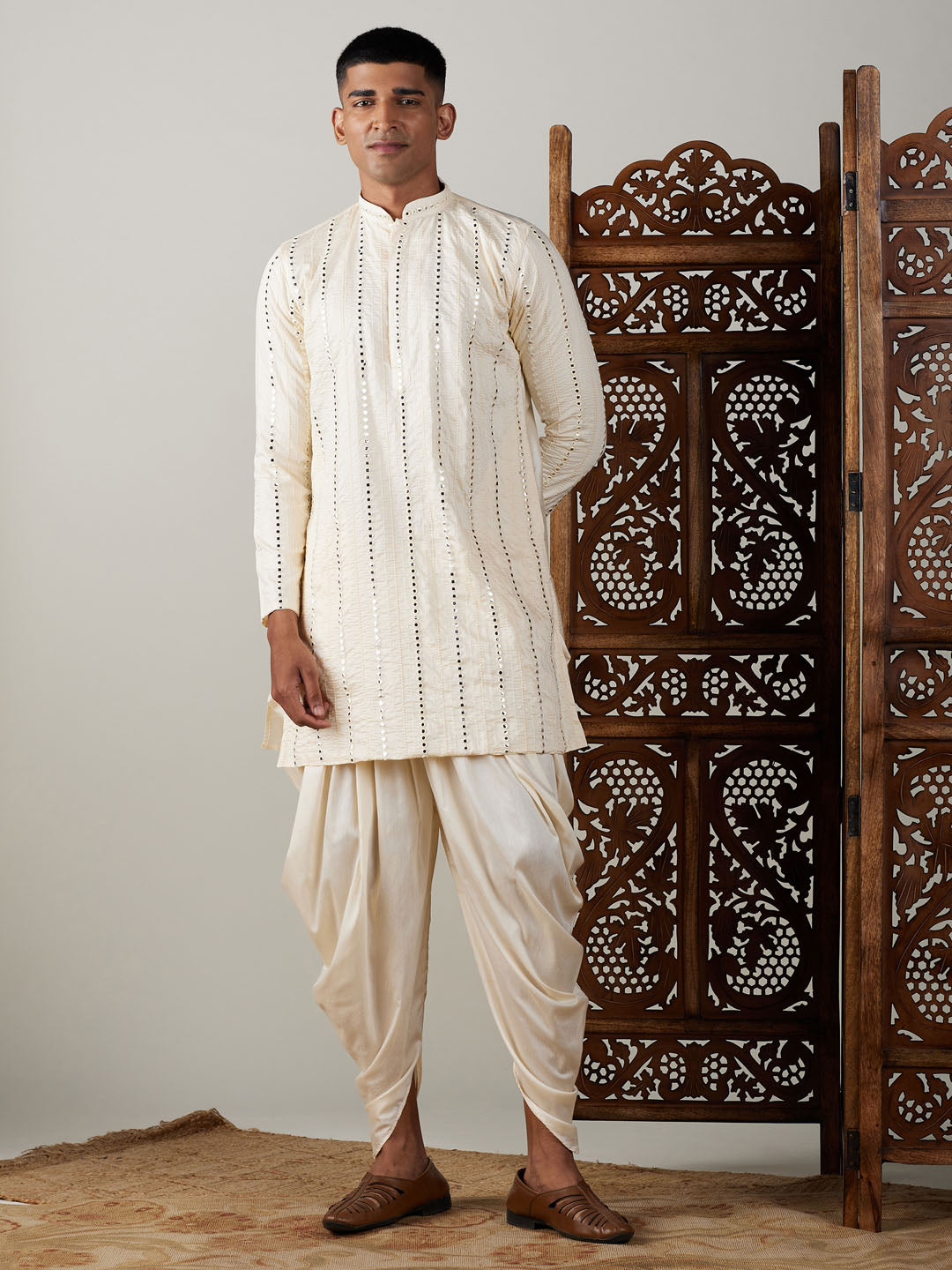 Sarvati Men's Cream Mirror Kurta Dhoti Set