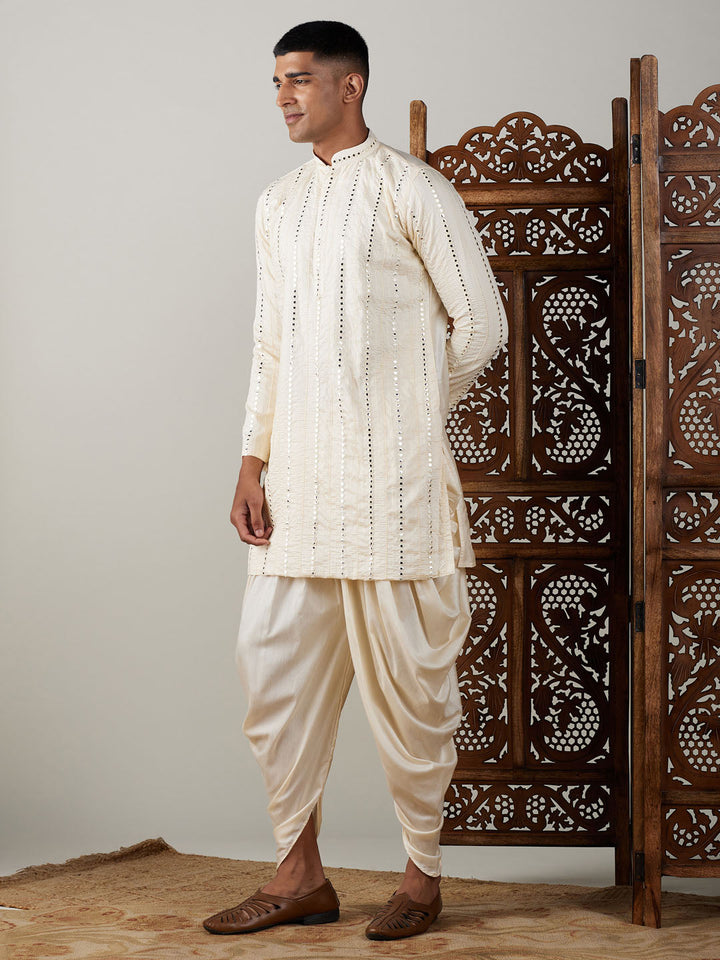 Sarvati Men's Cream Mirror Kurta Dhoti Set