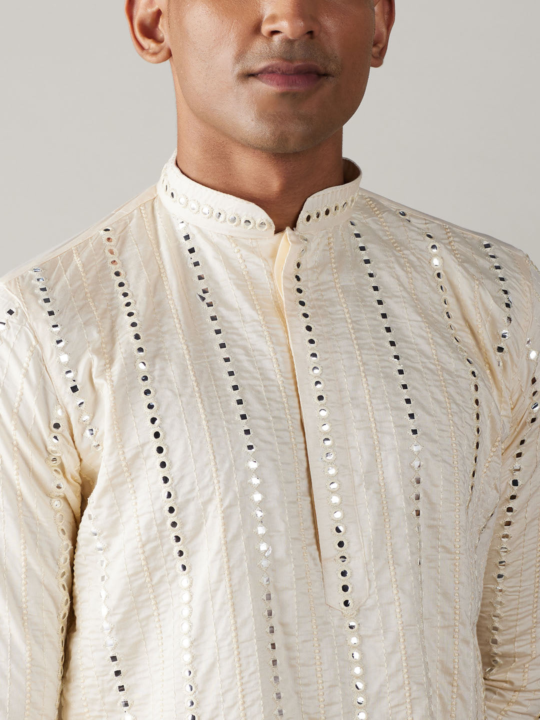 Sarvati Men's Cream Mirror Kurta Dhoti Set