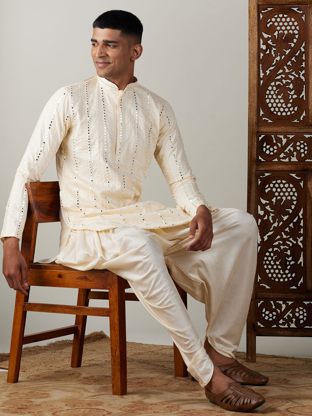 Sarvati Men's Cream Mirror Kurta Dhoti Set