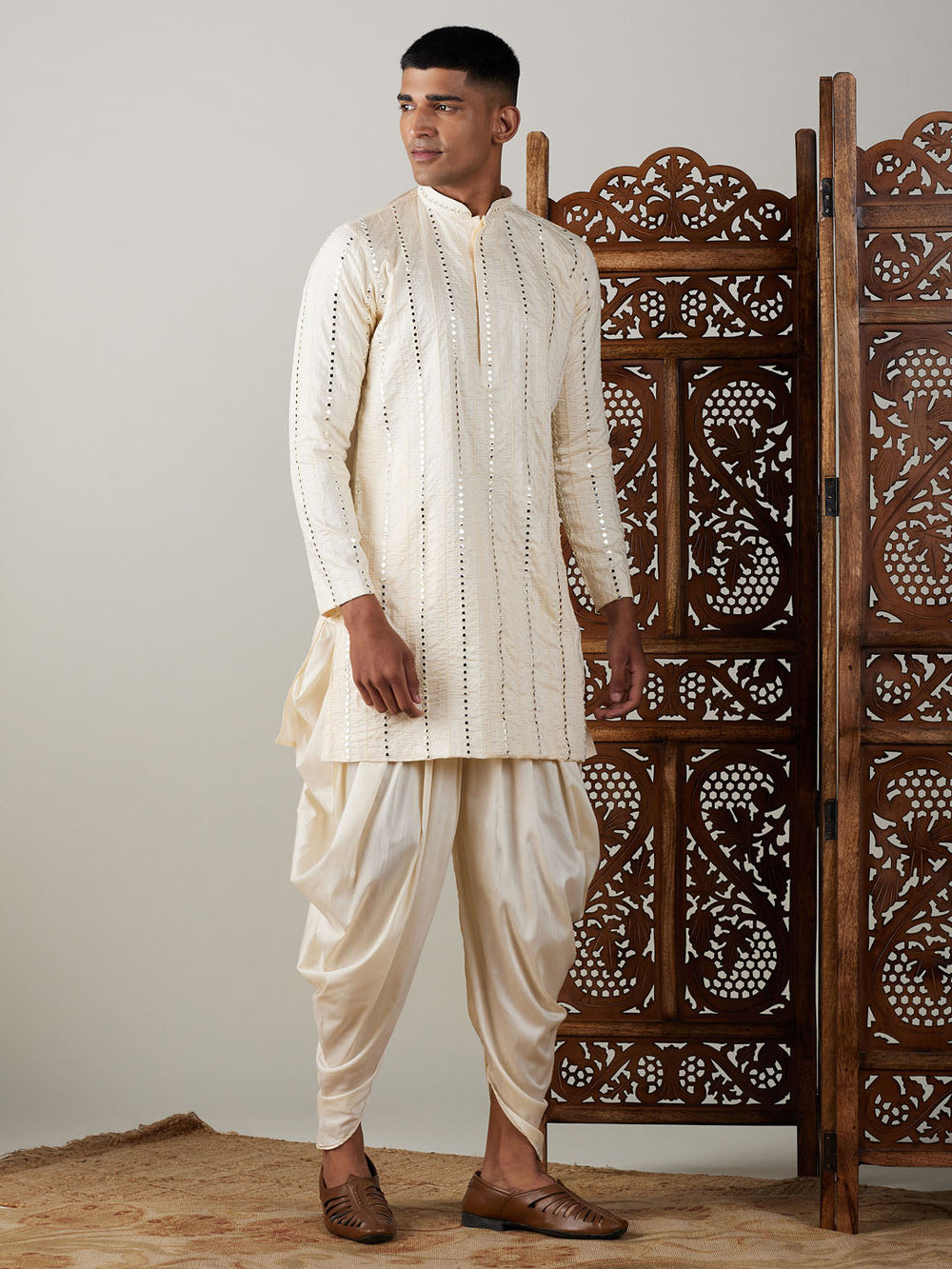 Sarvati Men's Cream Mirror Kurta Dhoti Set