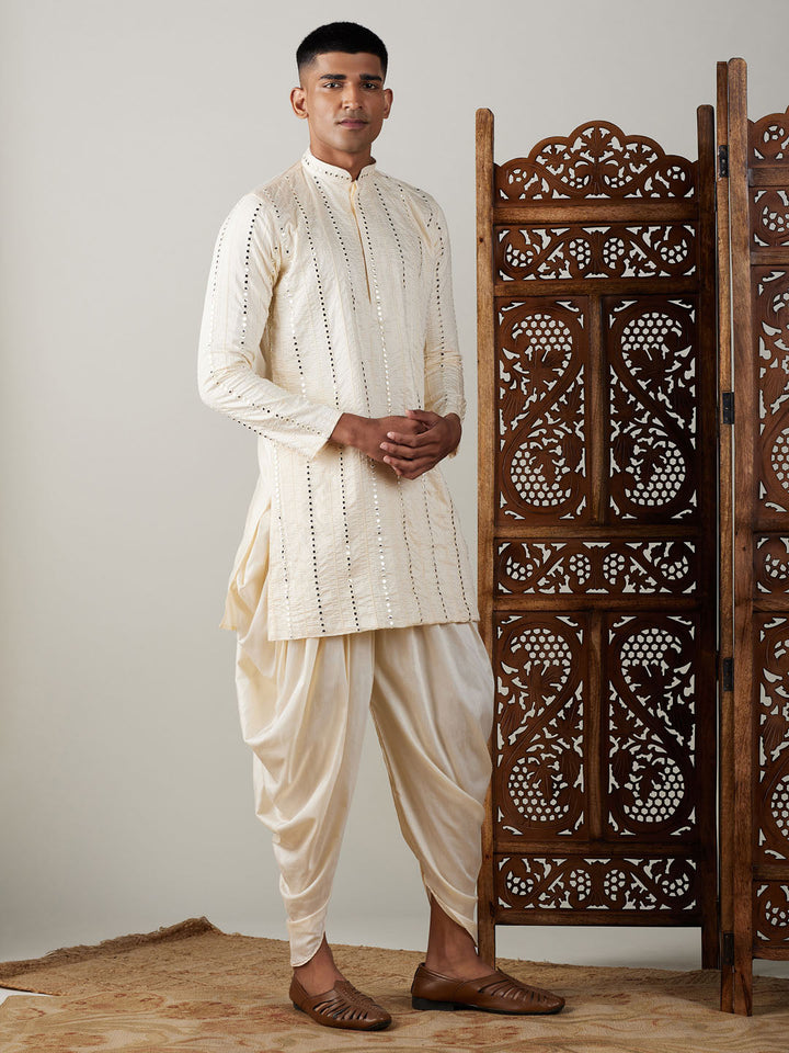 Sarvati Men's Cream Mirror Kurta Dhoti Set