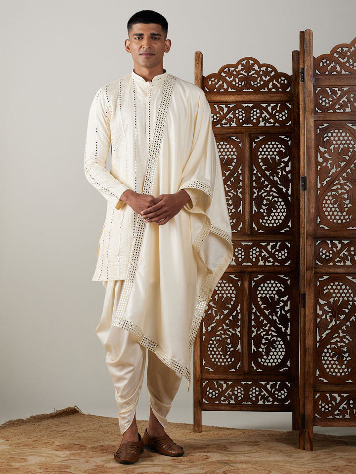 Sarvati Men's Cream Mirror Kurta Dhoti And Dupatta Set