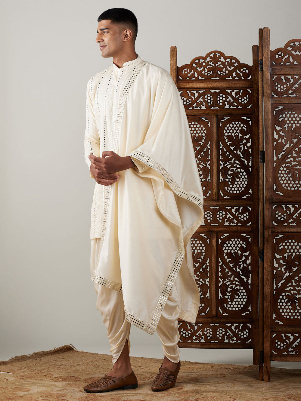 Sarvati Men's Cream Mirror Kurta Dhoti And Dupatta Set