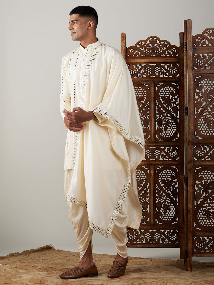 Sarvati Men's Cream Mirror Kurta Dhoti And Dupatta Set