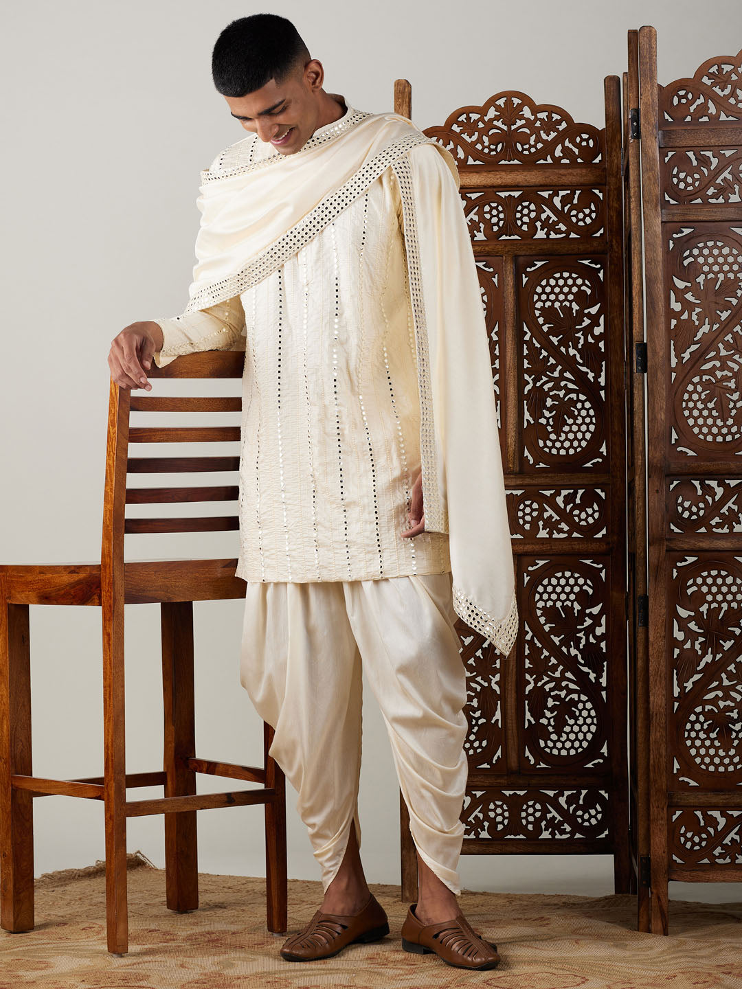 Sarvati Men's Cream Mirror Kurta Dhoti And Dupatta Set