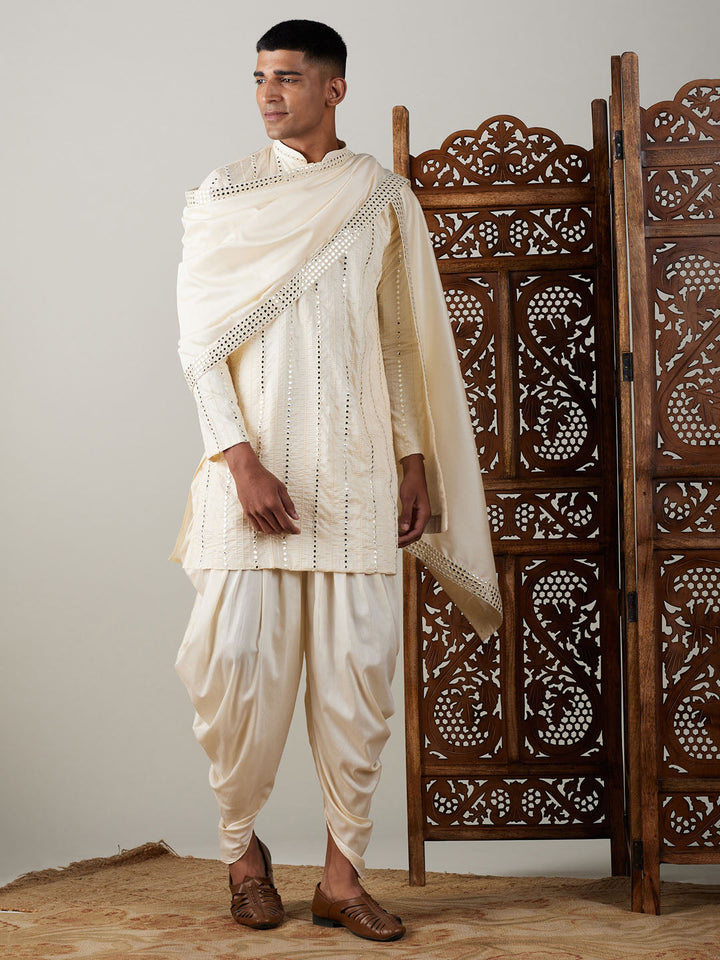 Sarvati Men's Cream Mirror Kurta Dhoti And Dupatta Set