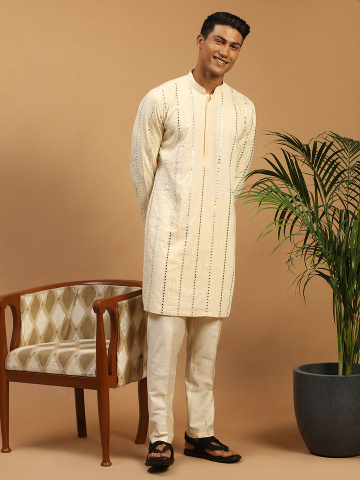 Sarvati Men's Cream Mirror Kurta Pant Set