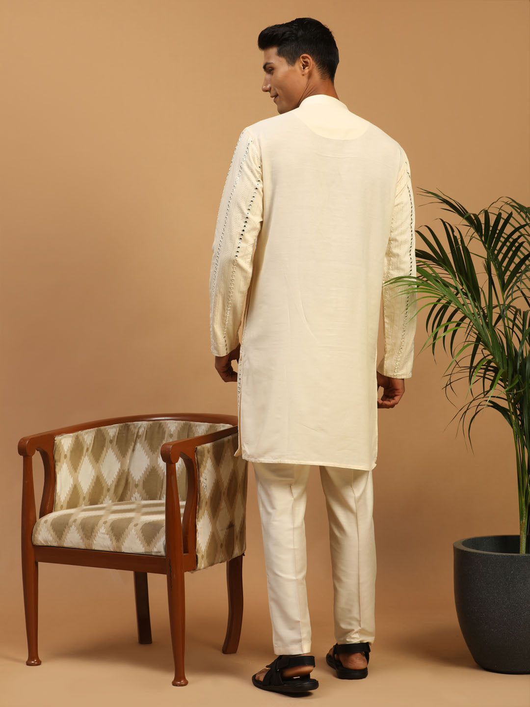 Sarvati Men's Cream Mirror Kurta Pant Set