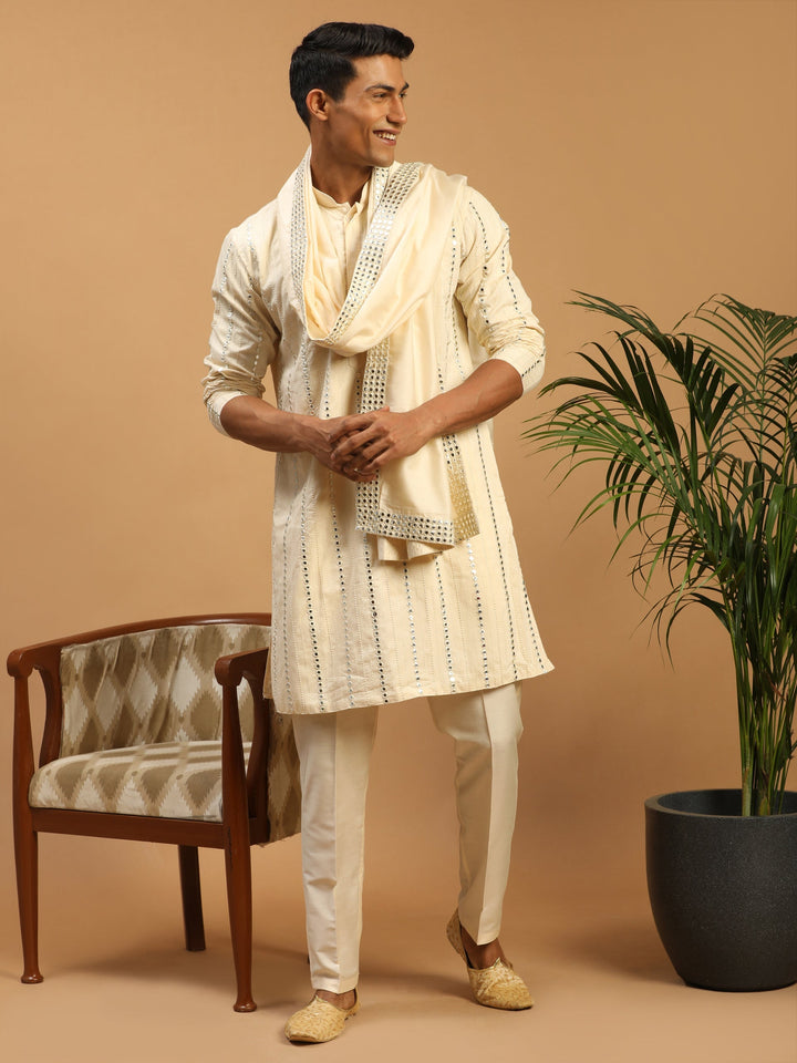 Sarvati Men's Cream Mirror Kurta Pant And Dupatta Set