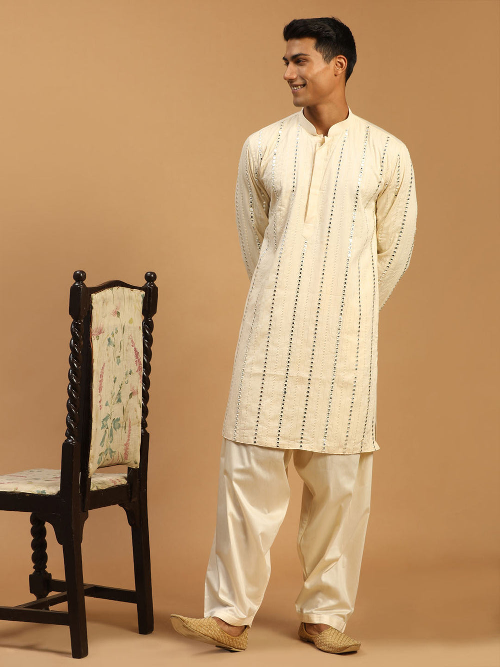 Sarvati Men's Cream Mirror Kurta With Patiala Set