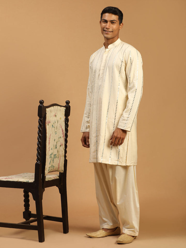 Sarvati Men's Cream Mirror Kurta With Patiala Set