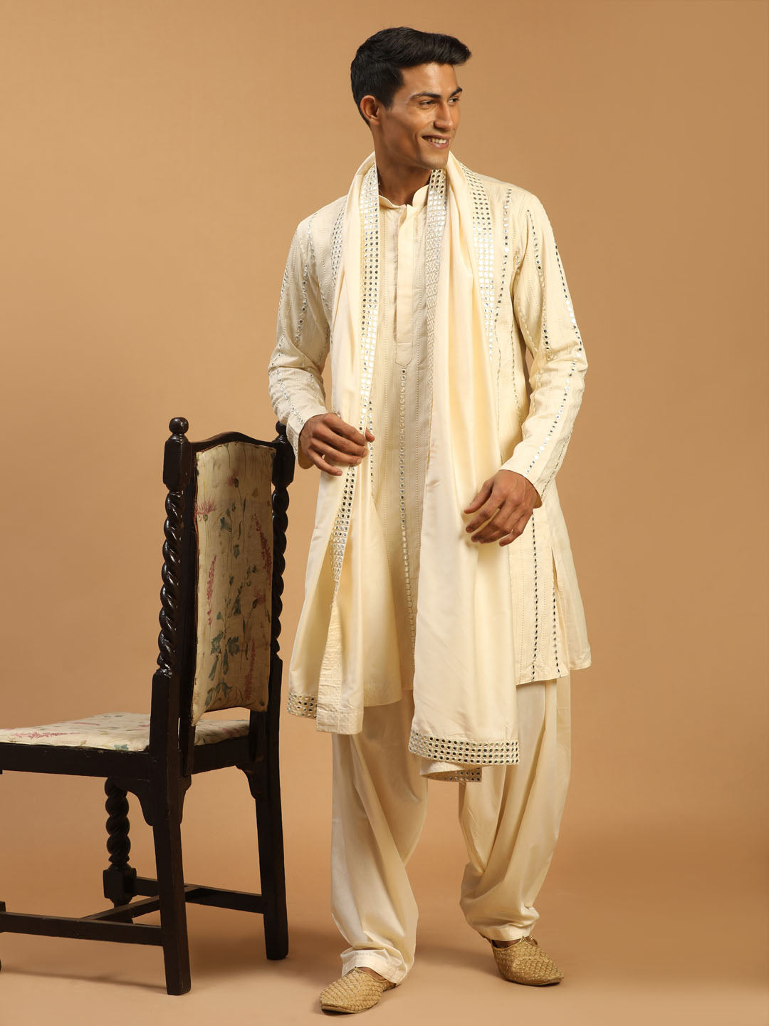 Sarvati Men's Cream Mirror Kurta Patiala And Dupatta Set