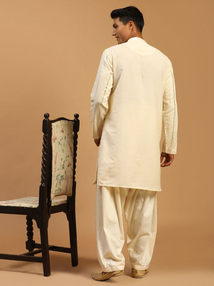 Men's Cream Mirror Kurta Patiala And Dupatta Set