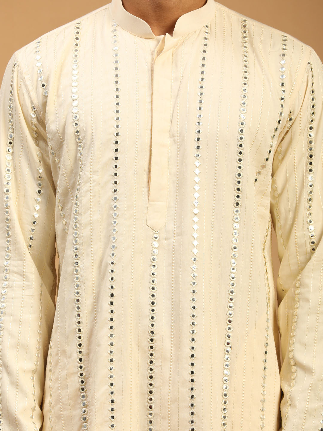Men's Cream Mirror Kurta Patiala And Dupatta Set