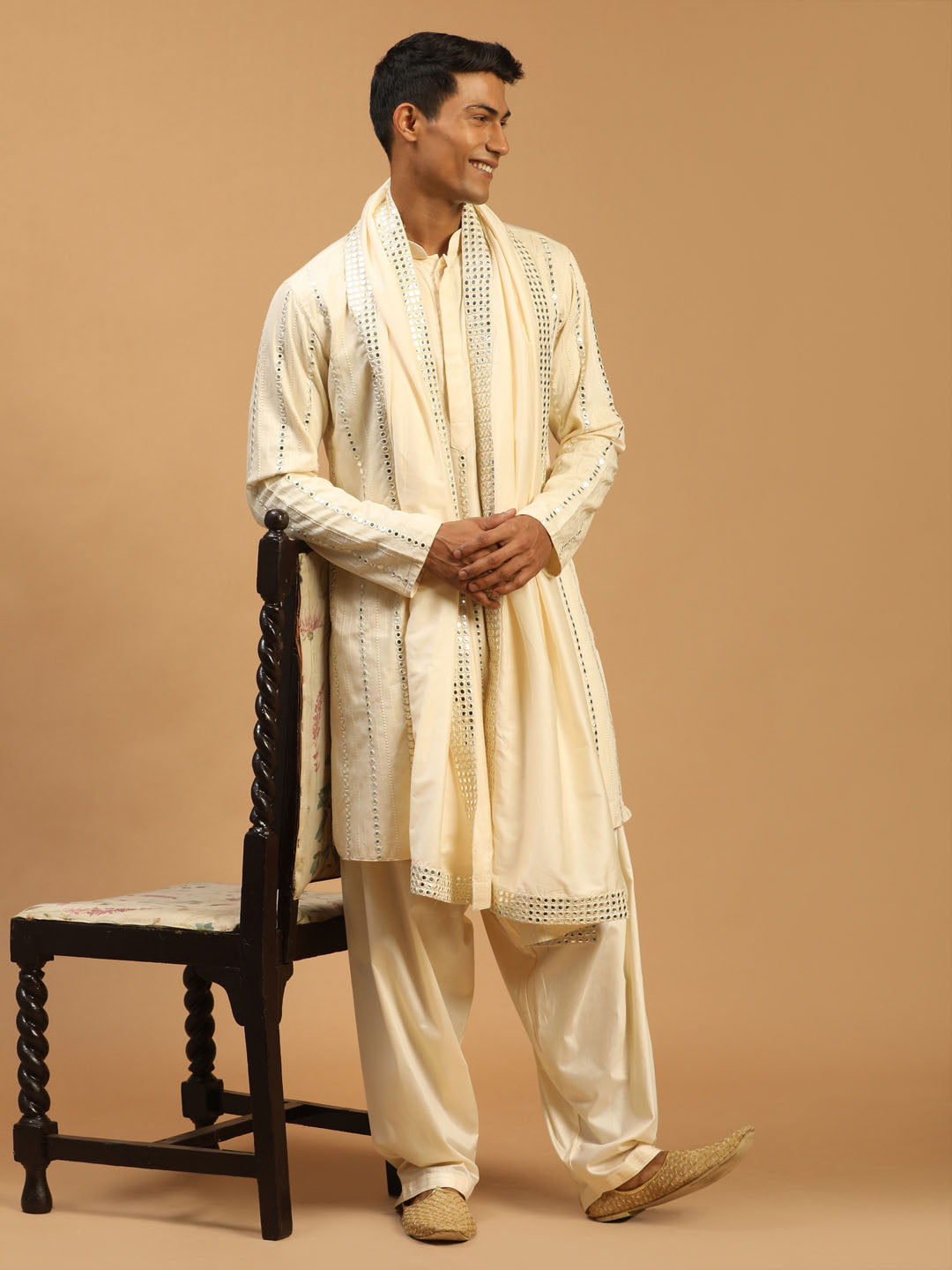 Sarvati Men's Cream Mirror Kurta Patiala And Dupatta Set