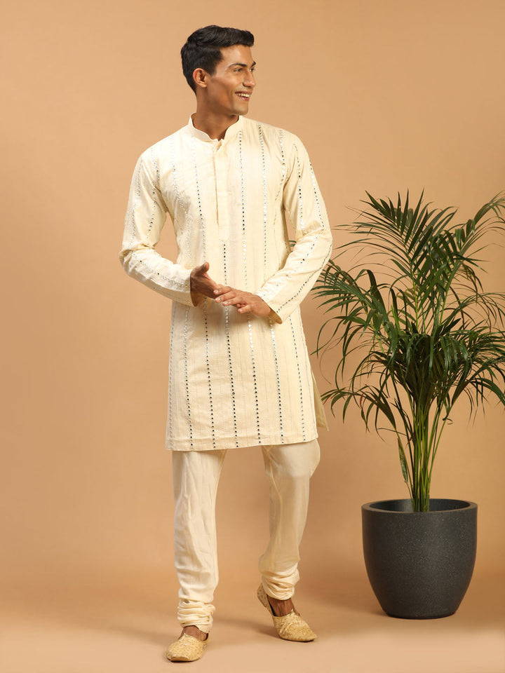 Sarvati Men's Cream Vertical Mirror Kurta Pyjama Set