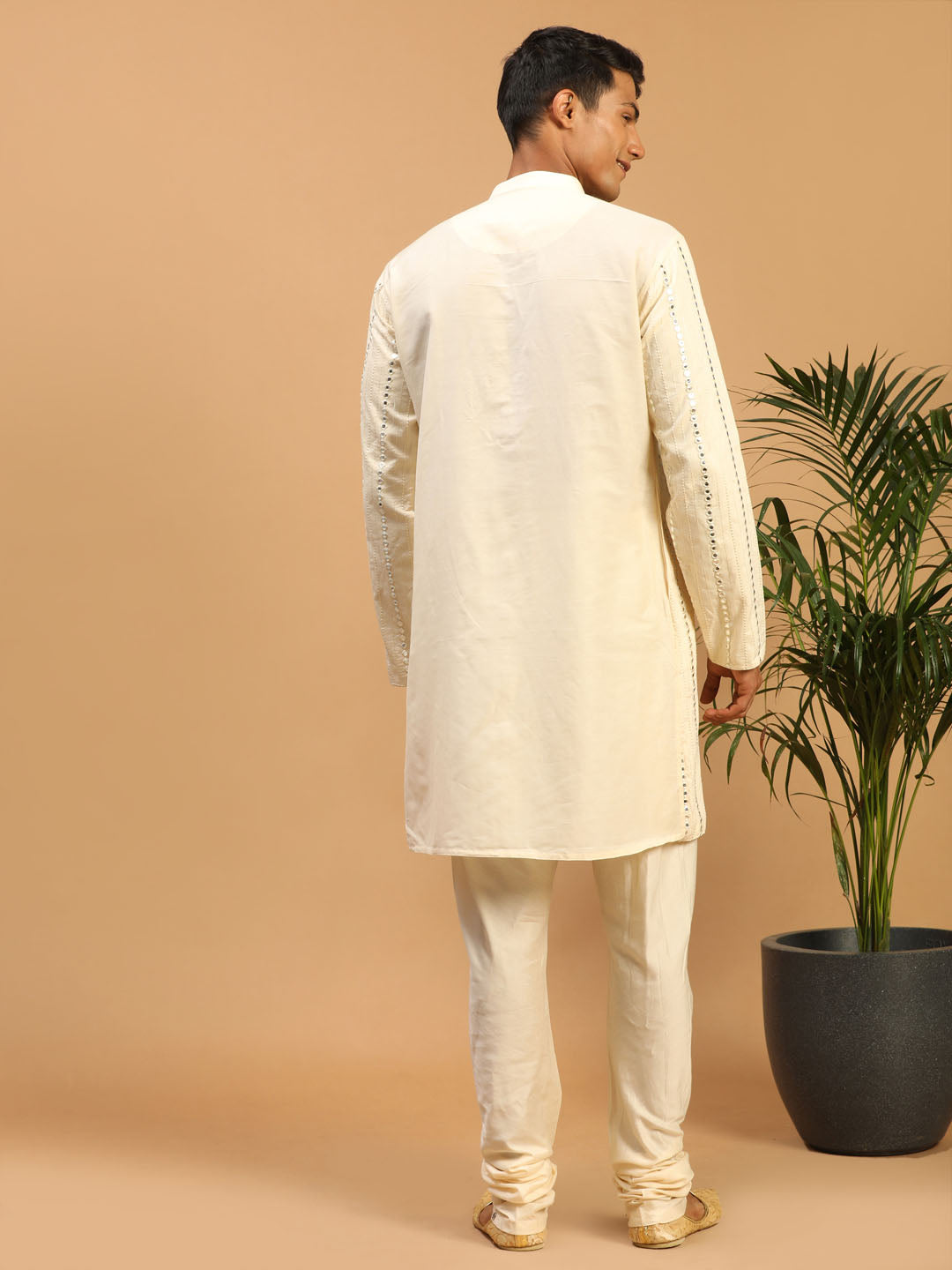 Sarvati Men's Cream Vertical Mirror Kurta Pyjama Set