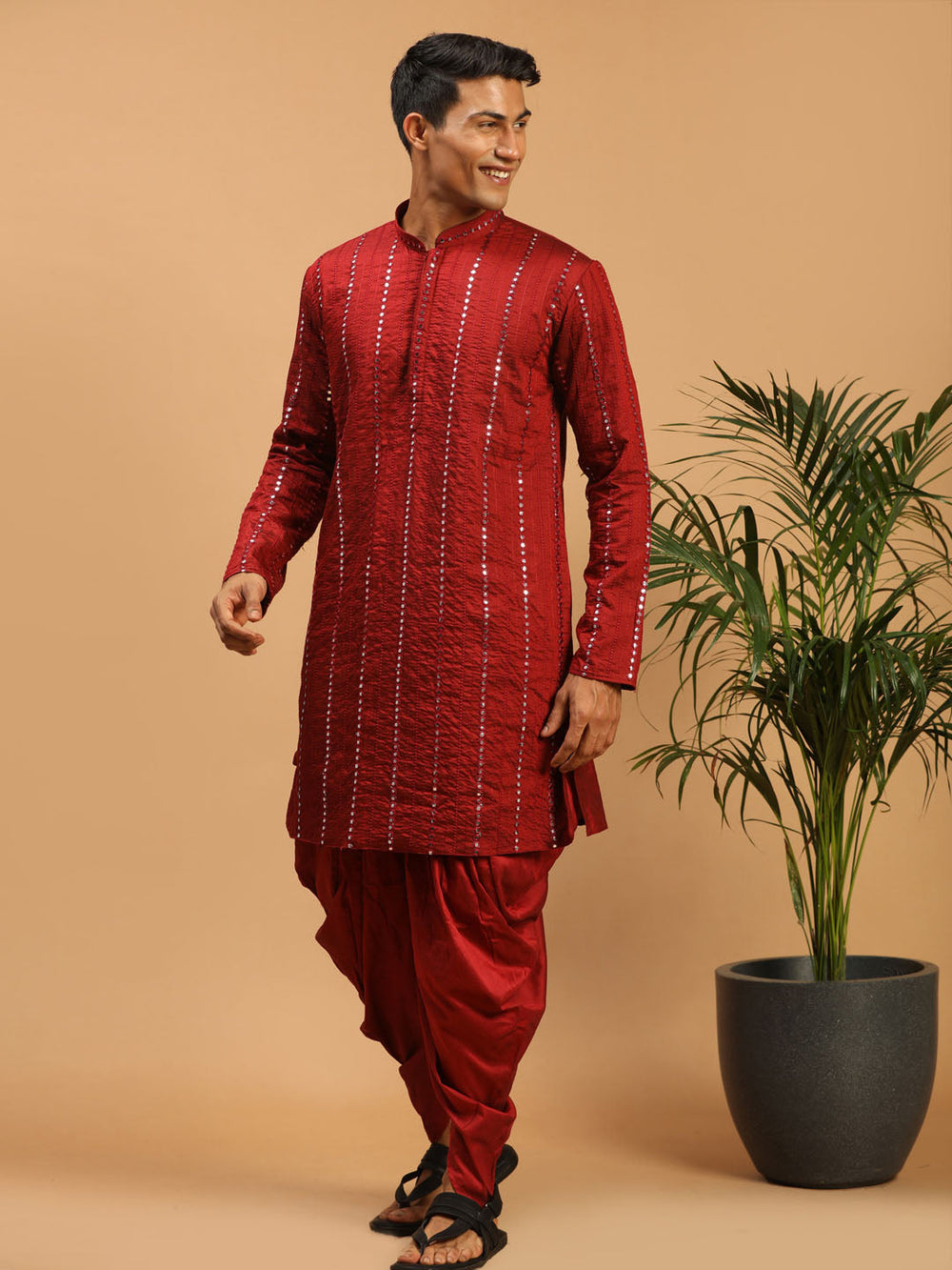 Sarvati Men's Maroon Mirror Kurta Dhoti Set