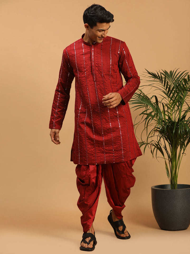 Sarvati Men's Maroon Mirror Kurta Dhoti Set