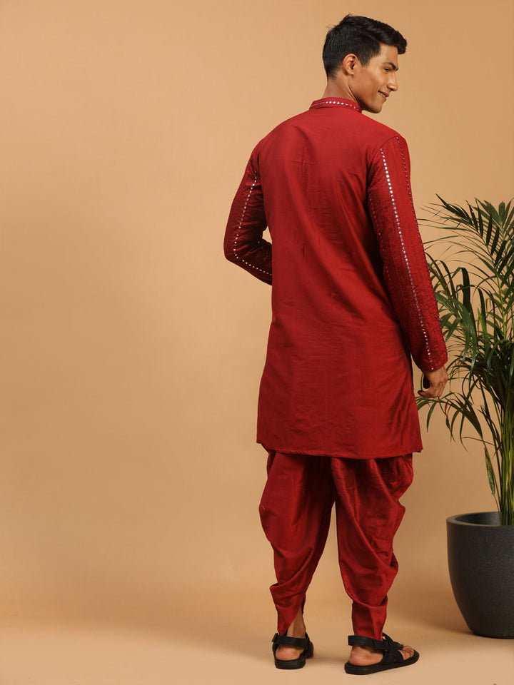 Sarvati Men's Maroon Mirror Kurta Dhoti Set