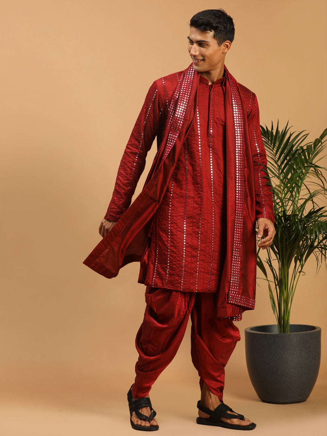 Sarvati Men's Maroon Mirror Kurta With Dhoti And Dupatta Set