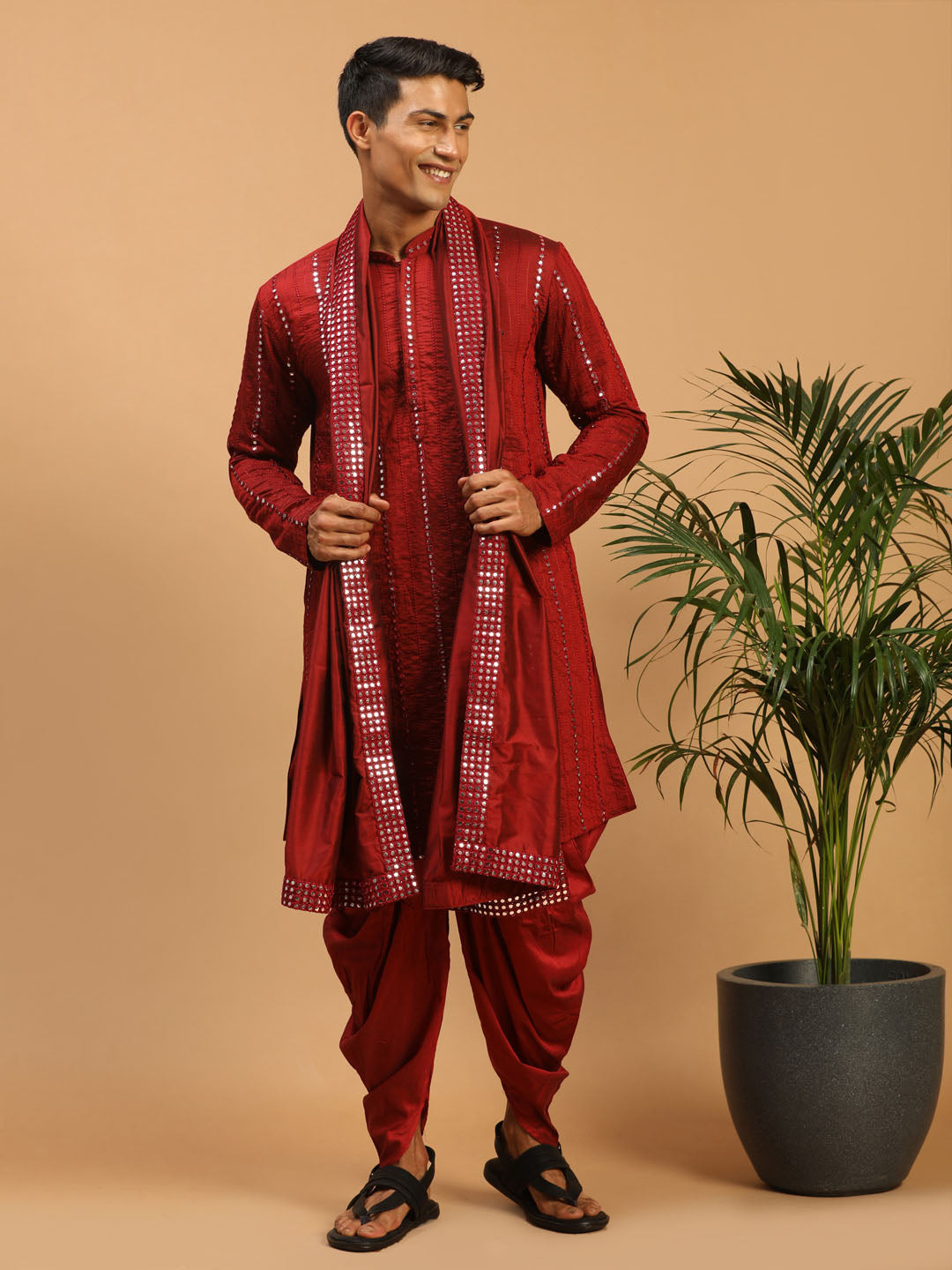 Sarvati Men's Maroon Mirror Kurta With Dhoti And Dupatta Set