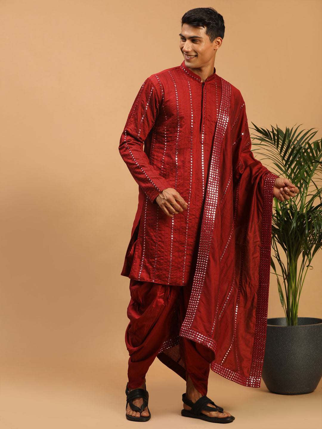 Sarvati Men's Maroon Mirror Kurta Dhoti And Dupatta Set