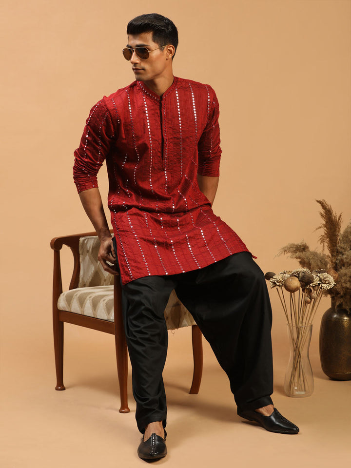 Sarvati Men's Maroon Mirror Kurta With Patiala Set