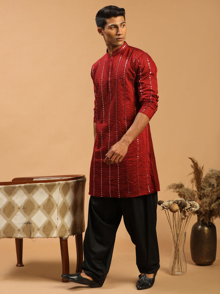 Sarvati Men's Maroon Mirror Kurta With Patiala Set