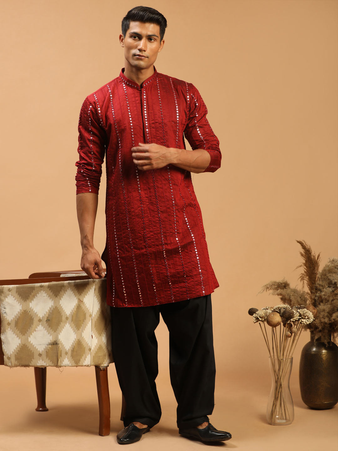 Sarvati Men's Maroon Mirror Kurta With Patiala Set