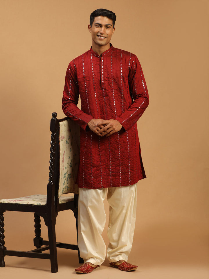 Sarvati Men's Maroon Mirror Kurta With Patiala Set