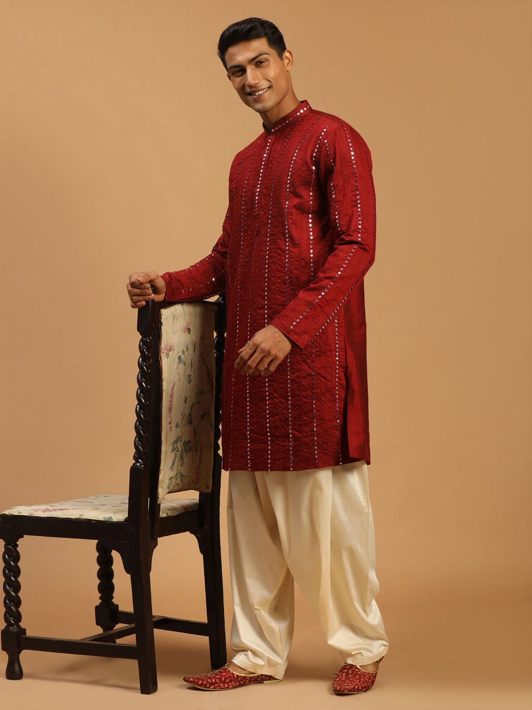 Sarvati Men's Maroon Mirror Kurta With Patiala Set