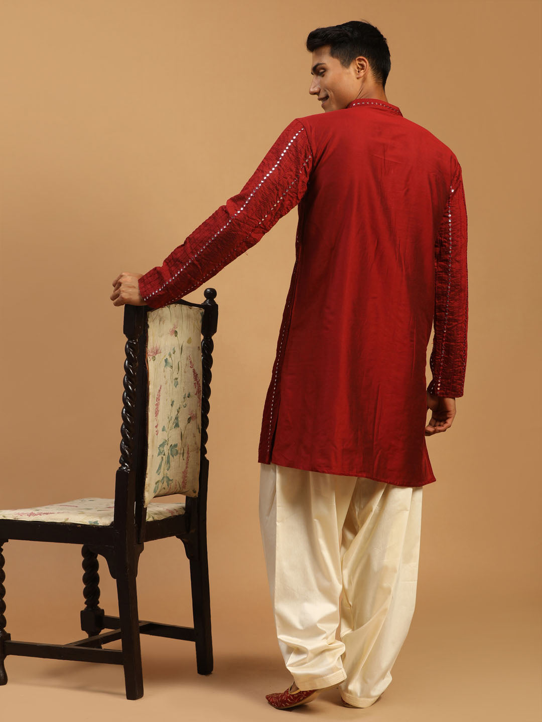 Sarvati Men's Maroon Mirror Kurta With Patiala Set