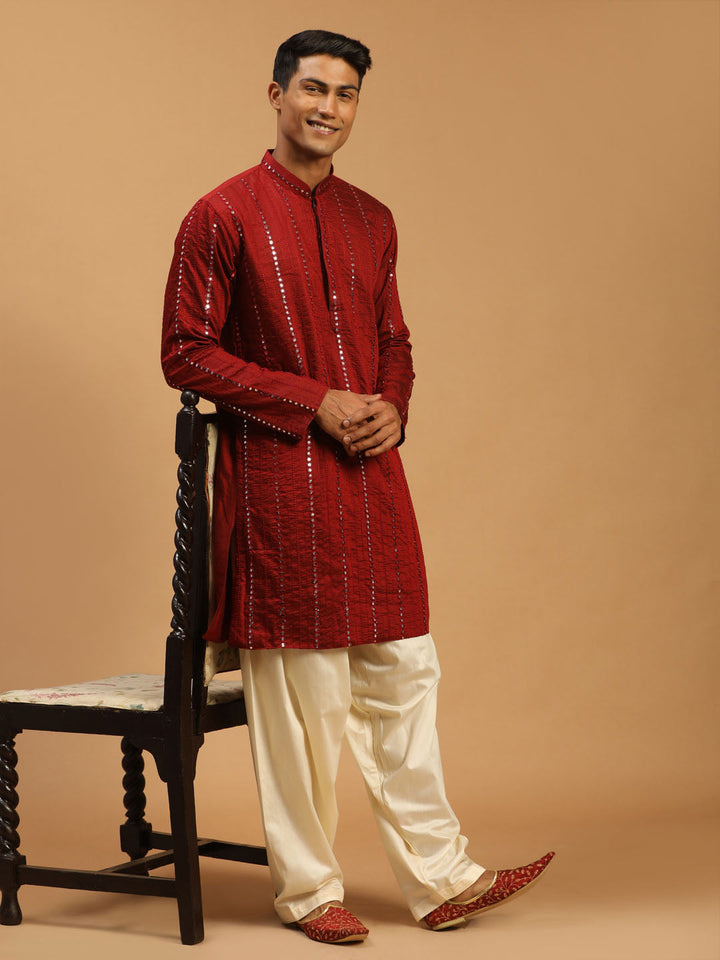 Sarvati Men's Maroon Mirror Kurta With Patiala Set