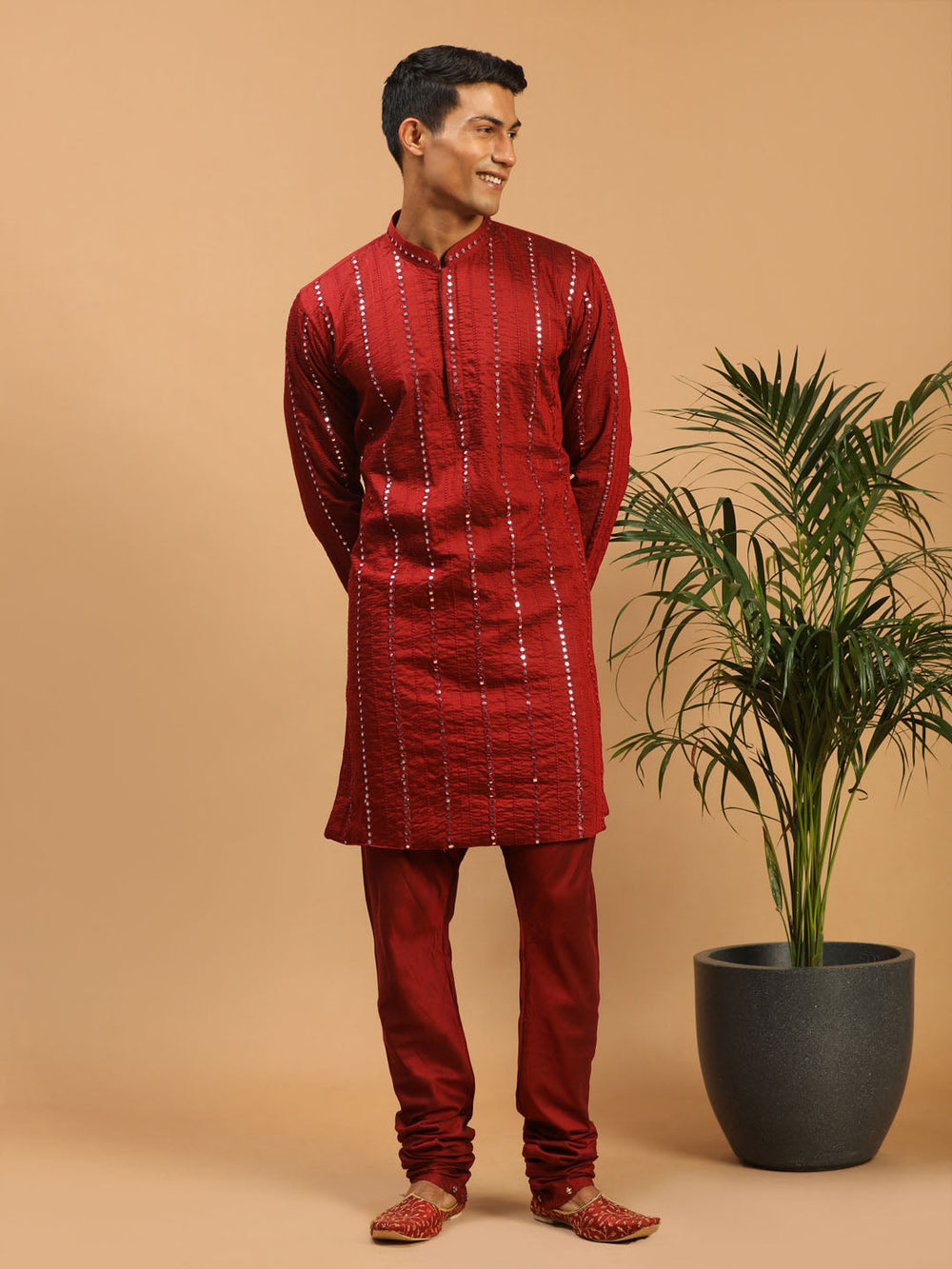 Sarvati Men's Maroon Mirror Kurta  Pyjama Set