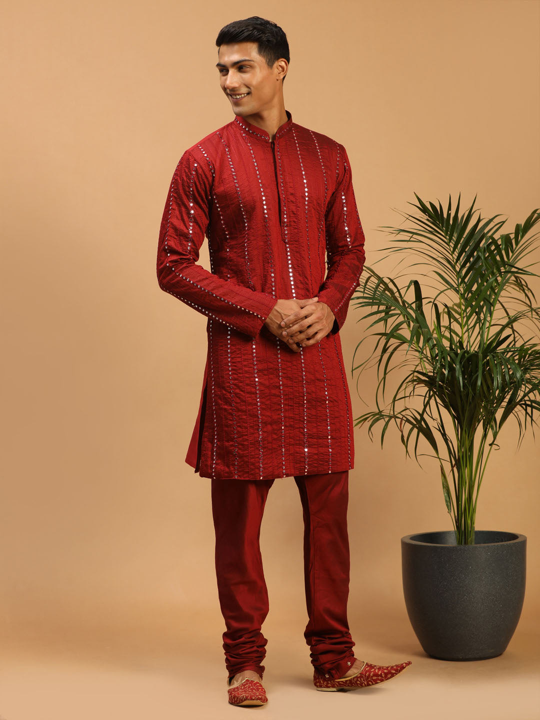 Sarvati Men's Maroon Mirror Kurta  Pyjama Set