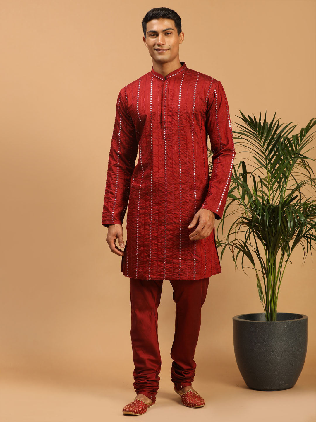 Sarvati Men's Maroon Mirror Kurta  Pyjama Set