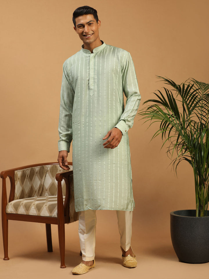 Sarvati Men's Green Sequined Kurta Pant Set