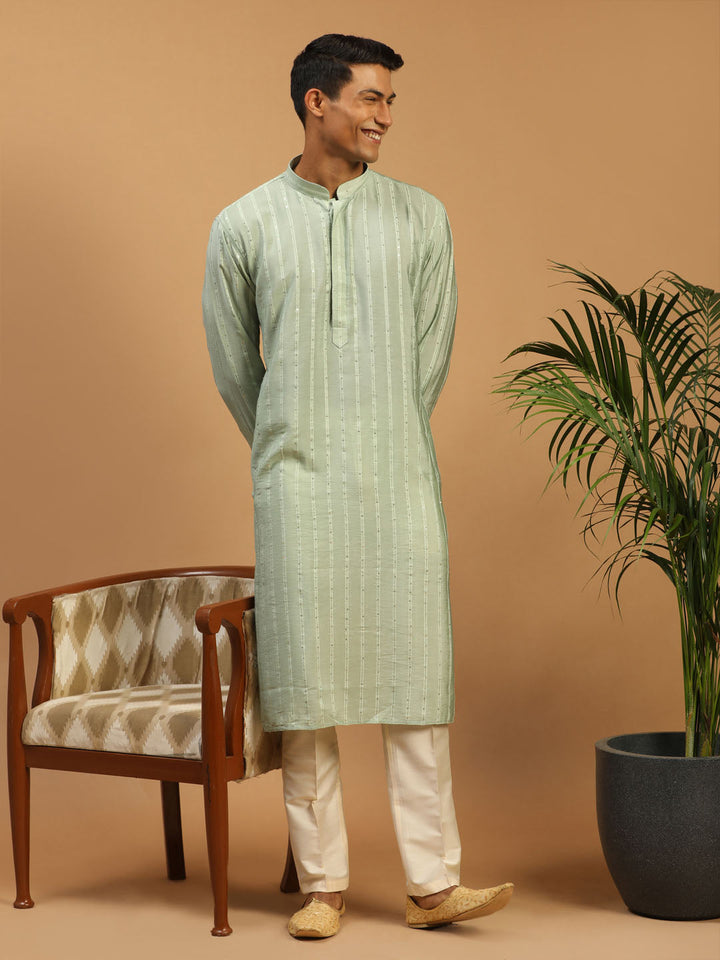 Sarvati Men's Green Sequined Kurta Pant Set