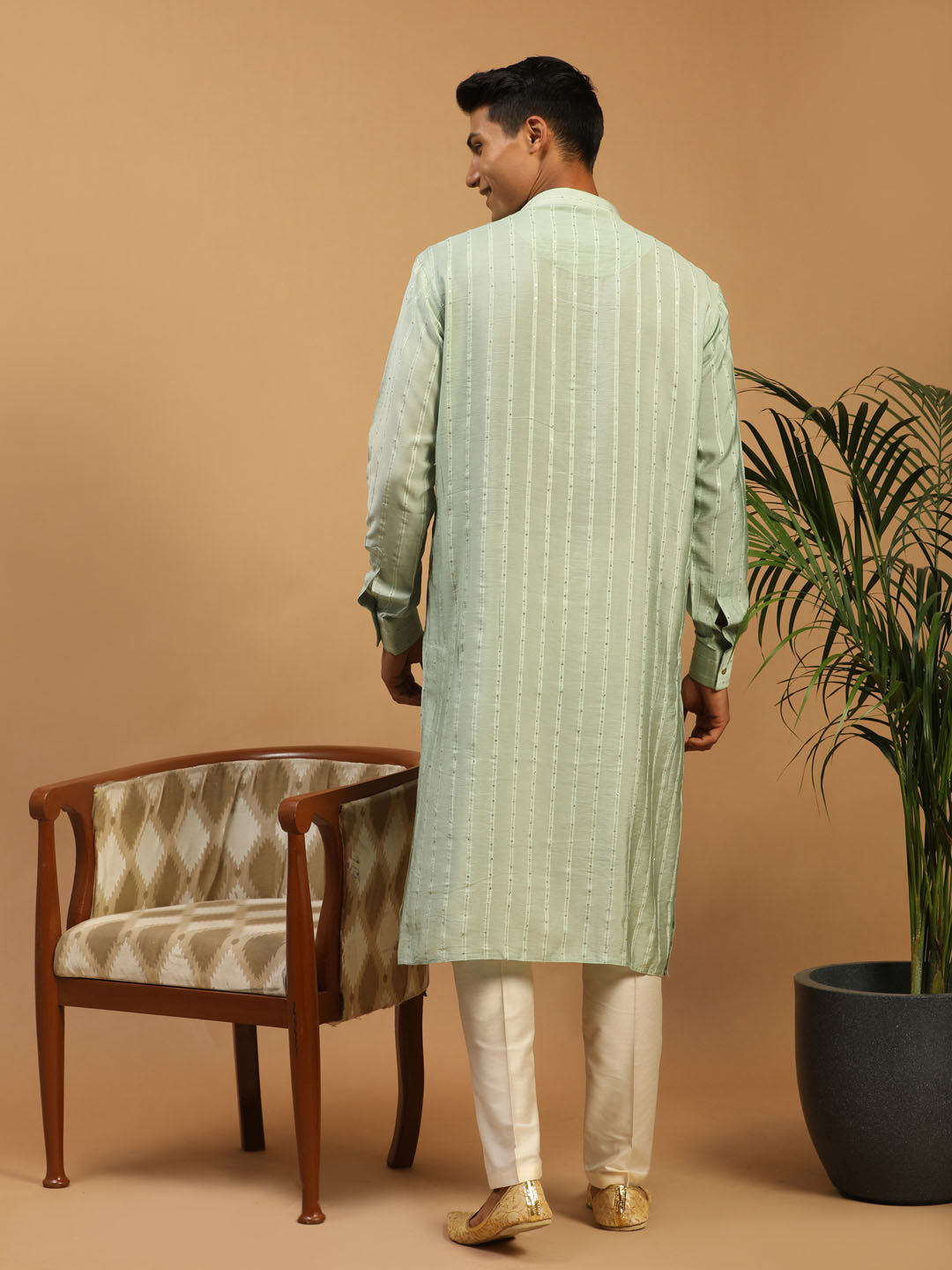 Sarvati Men's Green Sequined Kurta Pant Set