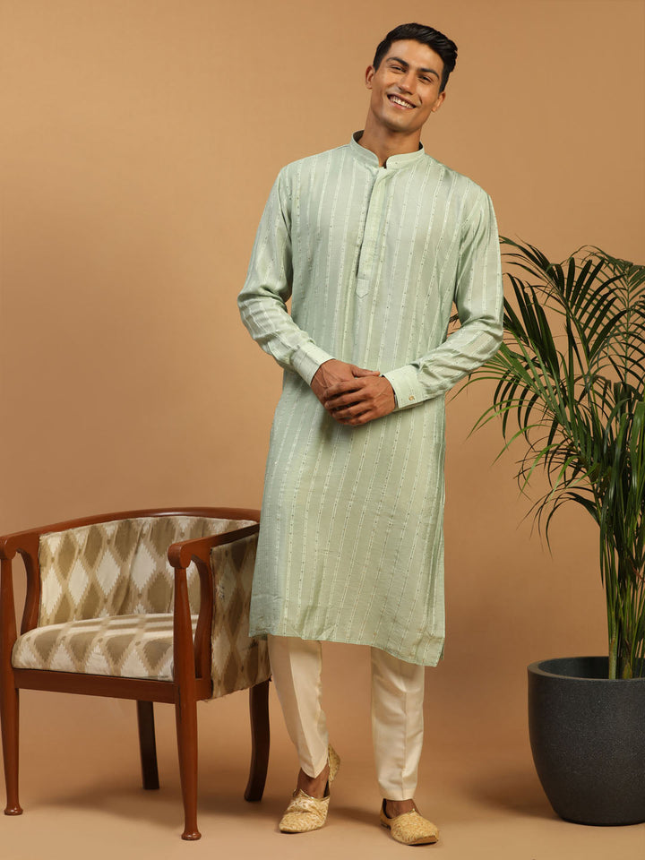 Sarvati Men's Green Sequined Kurta Pant Set