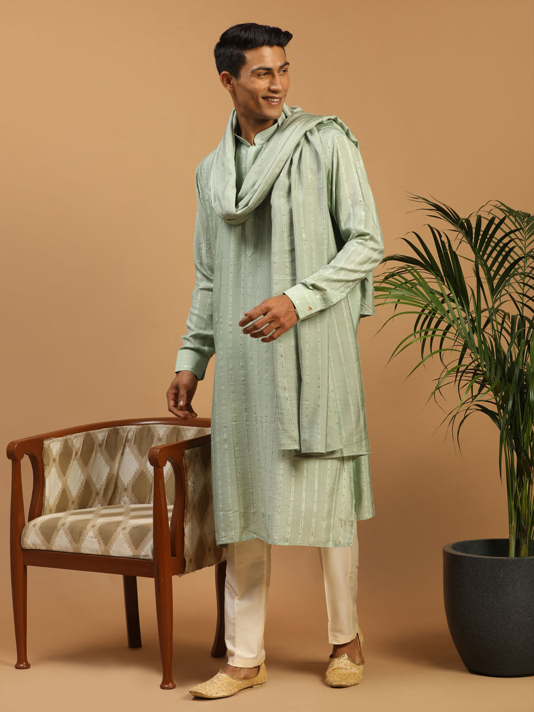 Sarvati Men's Green Sequined Kurta Pant And Dupatta Set