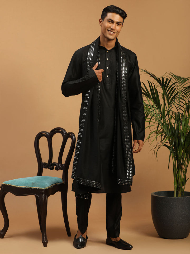 Sarvati Men's Black Viscose Kurta Pant And Dupatta Set