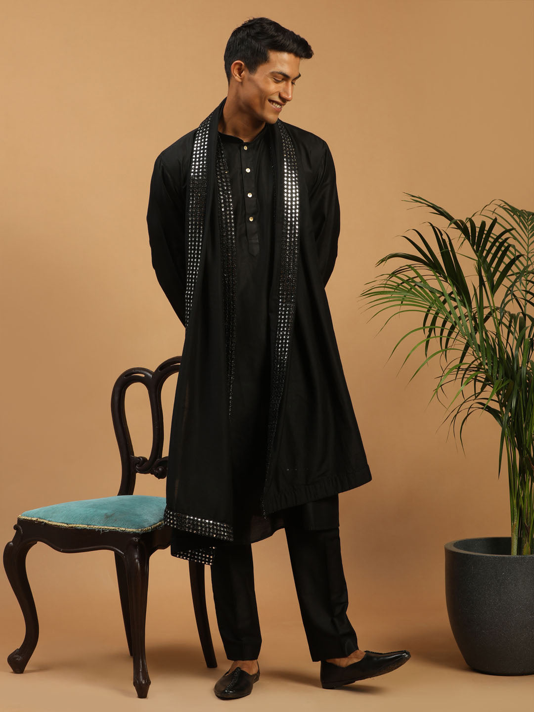 Sarvati Men's Black Viscose Kurta Pant And Dupatta Set