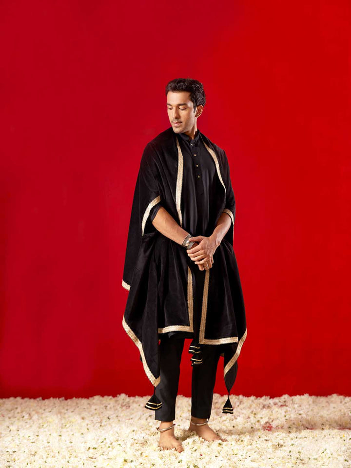 Sarvati Men's Black Kurta Pant Set With Velvet Slit Sleeves Dupatta